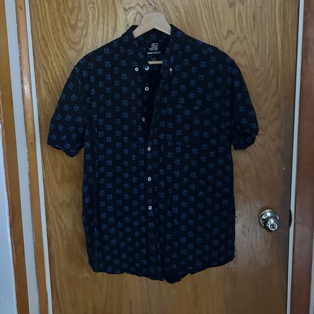 Blue Small Anchor Print Short Sleeve Button Down Mens Size L